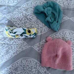 Baby  Knit Bear Beanie Hat - Pink, Teal & Floral Headband Set